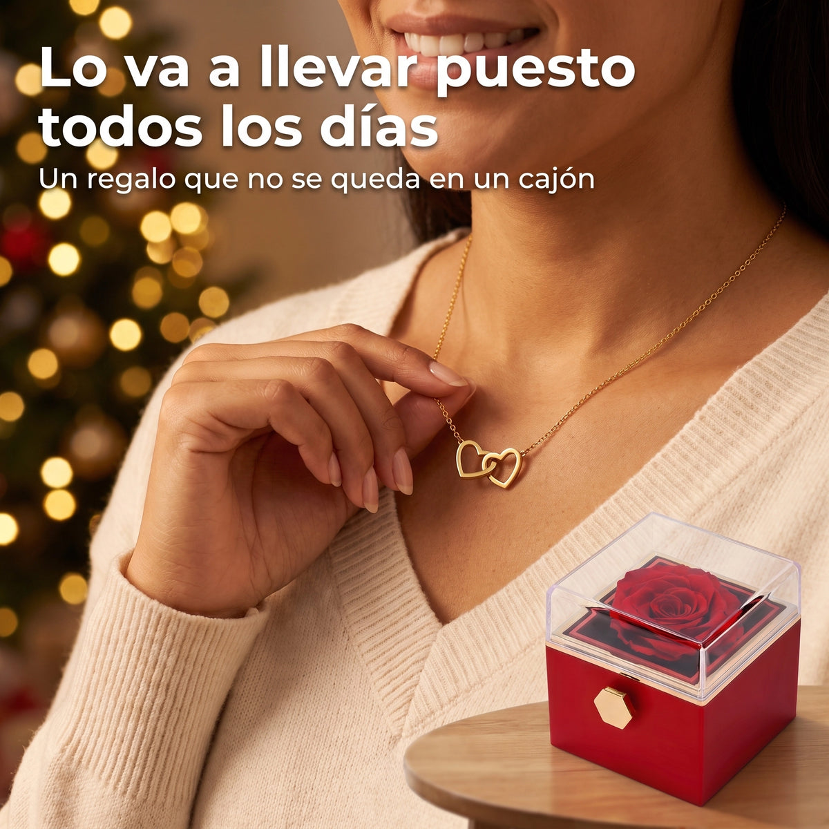 Giro de Amor™ — Rosa preservada con collar de dos corazones grabado