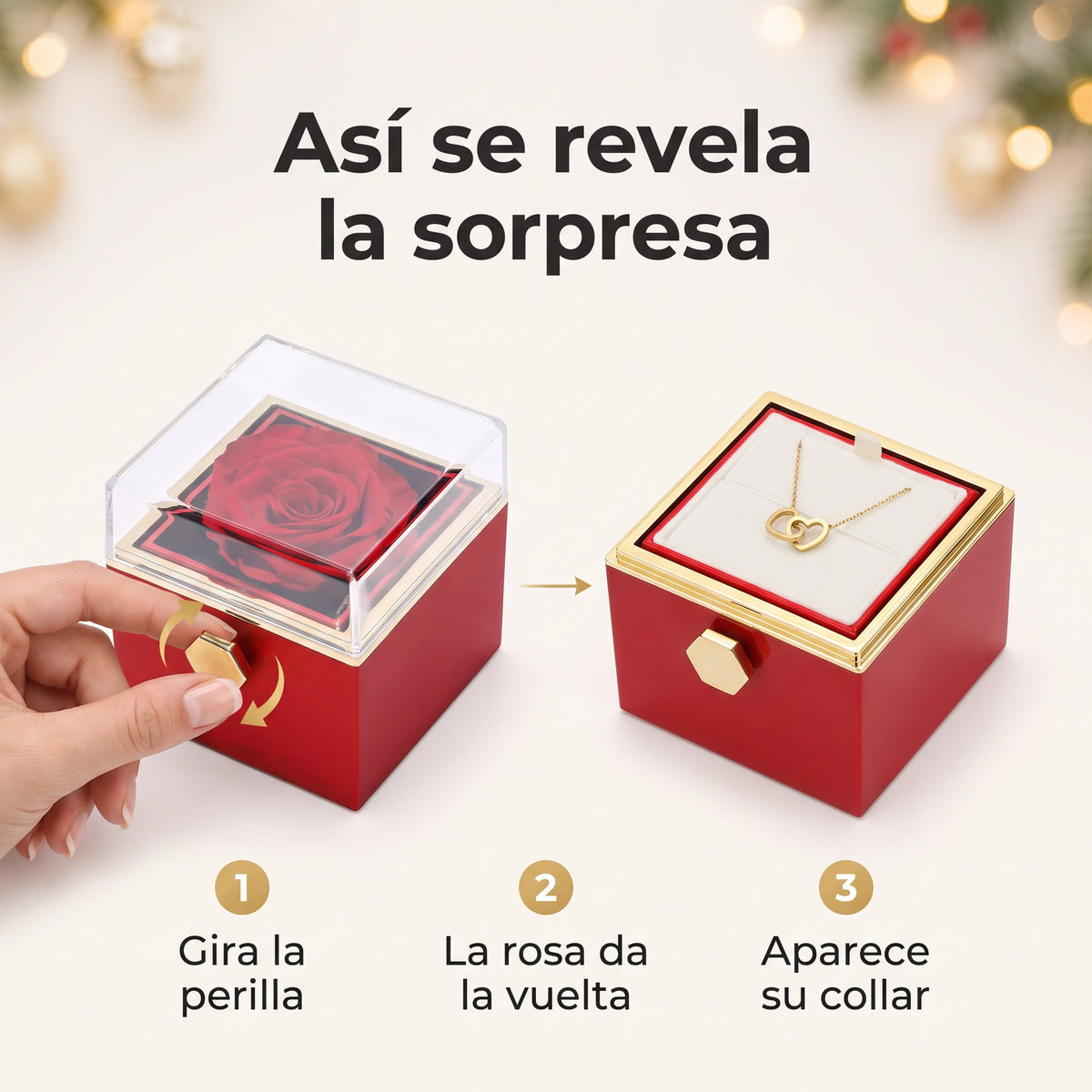 Giro de Amor™ — Rosa preservada con collar de dos corazones grabado