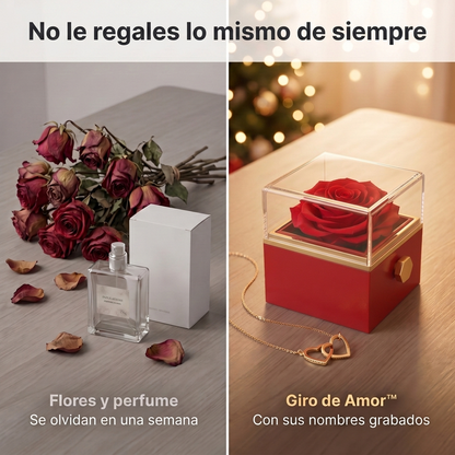 Giro de Amor™ — Rosa preservada con collar de dos corazones grabado