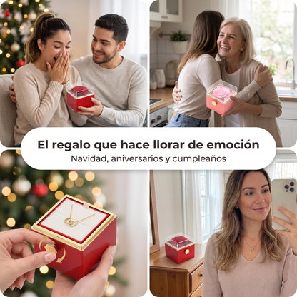 Giro de Amor™ — Rosa preservada con collar de dos corazones grabado